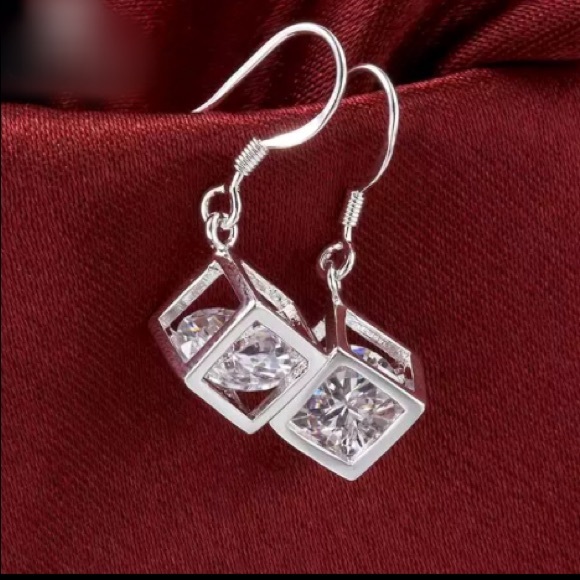 New Sterling Silver Diamond Hollow Cube Earrings - Picture 3 of 4